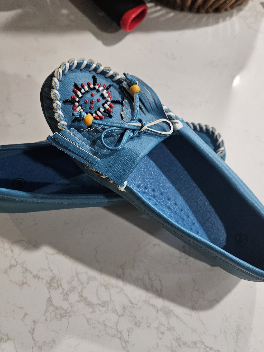 Women's Blue Beaded Fringe Moccasin Loafers